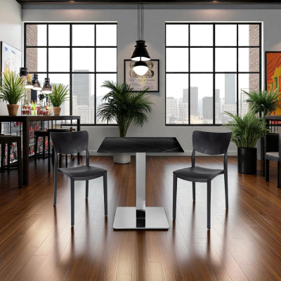 Tavolo pub ristorante bar 70x70 cm Top esterno HPL effetto Marmo NERO gamba argento H 74
