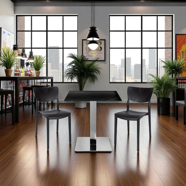 Tavolo pub ristorante bar 70x70 cm Top esterno HPL effetto Marmo NERO gamba argento H 74