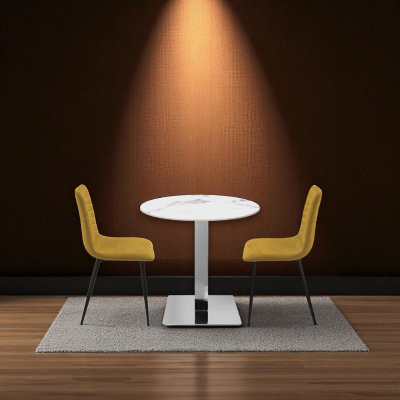 Tavolo pub ristorante bar rotondo 70 cm Top esterno effetto Marmo Bianco base argento H 75