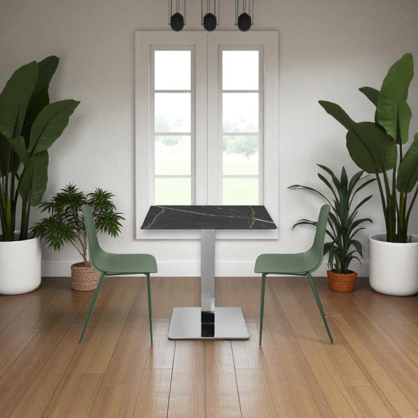 Table bar pub restaurant en HPL 80x80 cm Marbre Noir pour extérieur Piètement Argent H 74