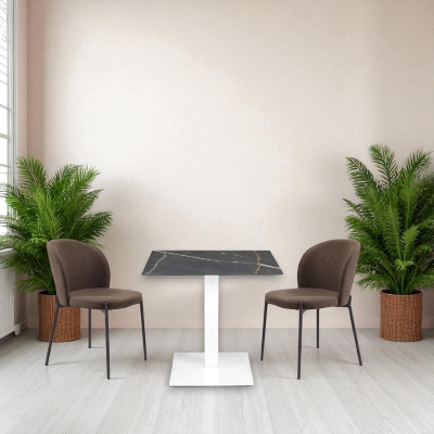 Bar-Pub-Restauranttisch 80x80 cm für den Außenbereich, weißes Gestell aus schwarzem HPL-Marmor, H 74
