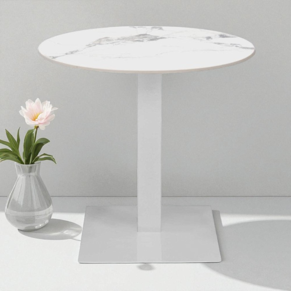 Tavolo pub ristorante bar rotondo 70 cm Top esterno effetto Marmo Bianco base bianca H 75