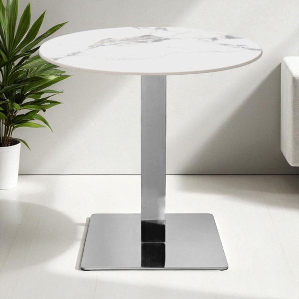 Tavolo pub ristorante bar rotondo 70 cm Top esterno effetto Marmo Bianco base argento H 75