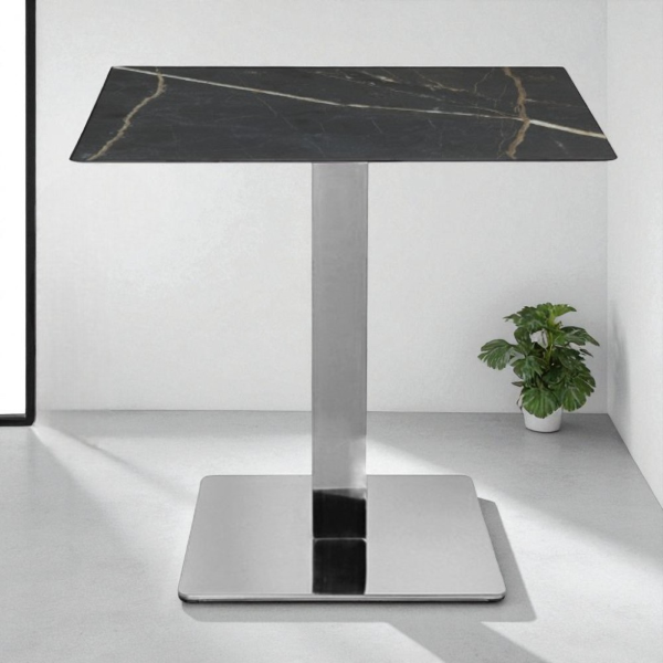 Table bar pub restaurant en HPL 80x80 cm Marbre Noir pour extérieur Piètement Argent H 74
