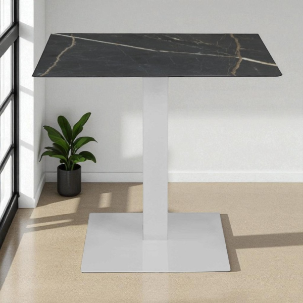 Bar-Pub-Restauranttisch 80x80 cm für den Außenbereich, weißes Gestell aus schwarzem HPL-Marmor, H 74