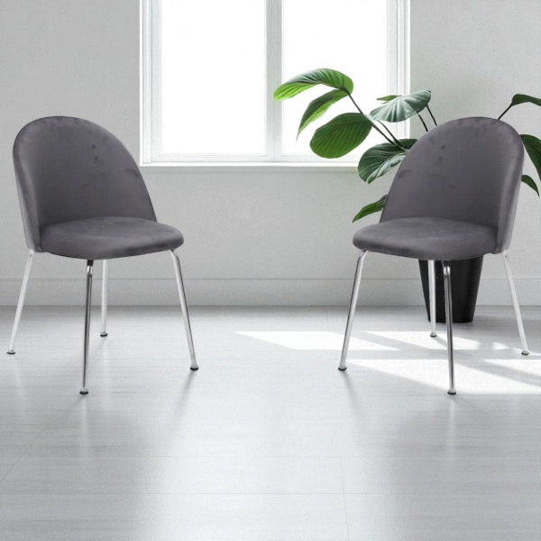 Silla de comedor de terciopelo gris oscuro con patas de metal cromado - PARIS 2 sillas