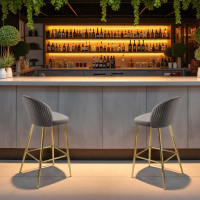 Tabouret en velours gris structure métal doré MEGAN 2 pièces