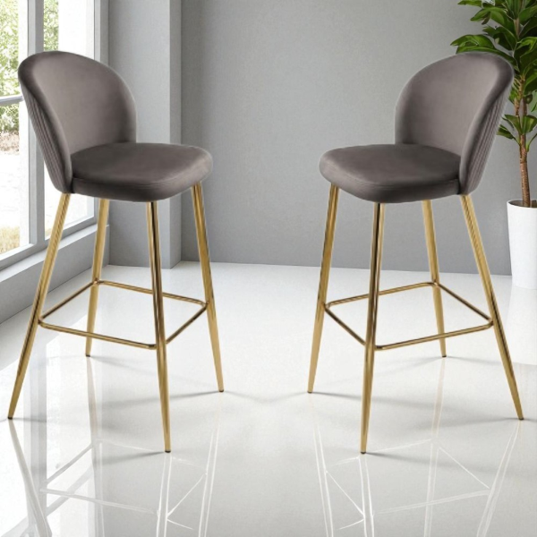 Tabouret en velours gris structure métal doré MEGAN 2 pièces