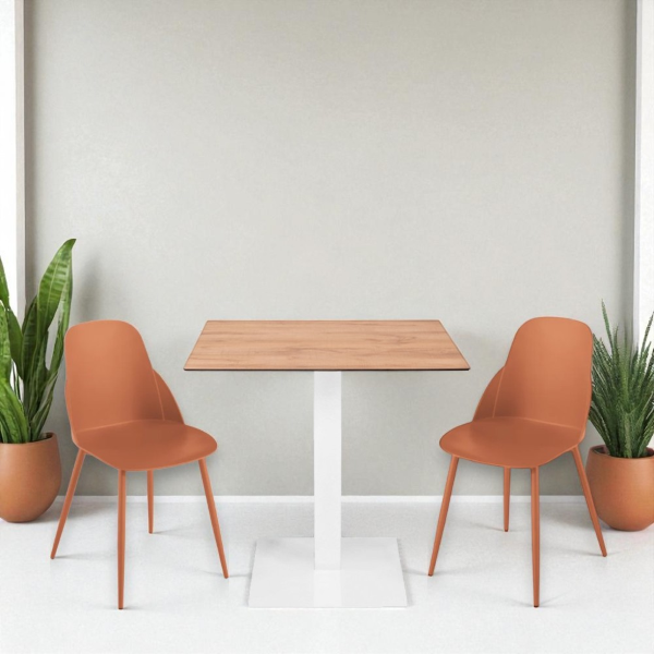 Tavolo bar pub ristorante da esterno 80x80 cm base bianca e piano in HPL Rovere Nodato H 74