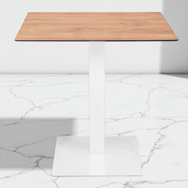 Tavolo bar pub ristorante da esterno 80x80 cm base bianca e piano in HPL Rovere Nodato H 74