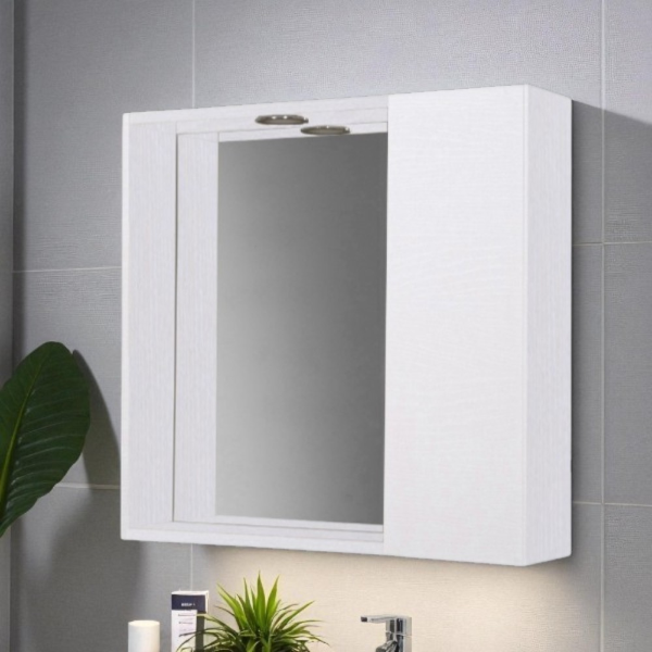 Miroir de salle de bain 60 cm 1 porte lisse et éclairage LED Frêne Blanc