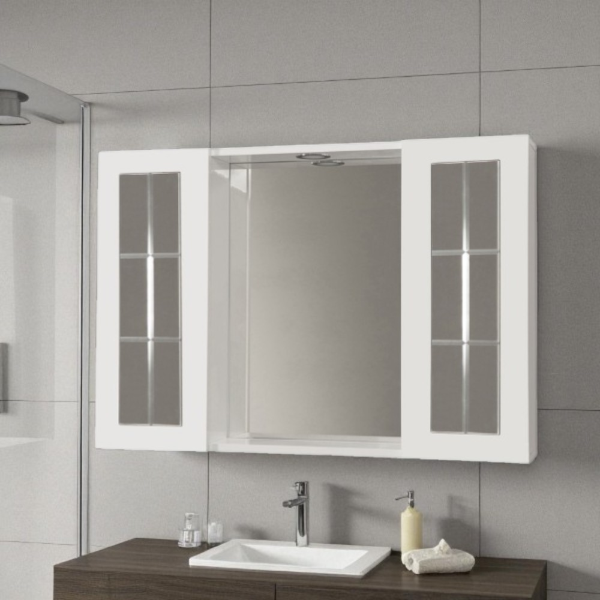 91 cm Glossy White Bathroom Mirror with 2 English Doors and LED Light