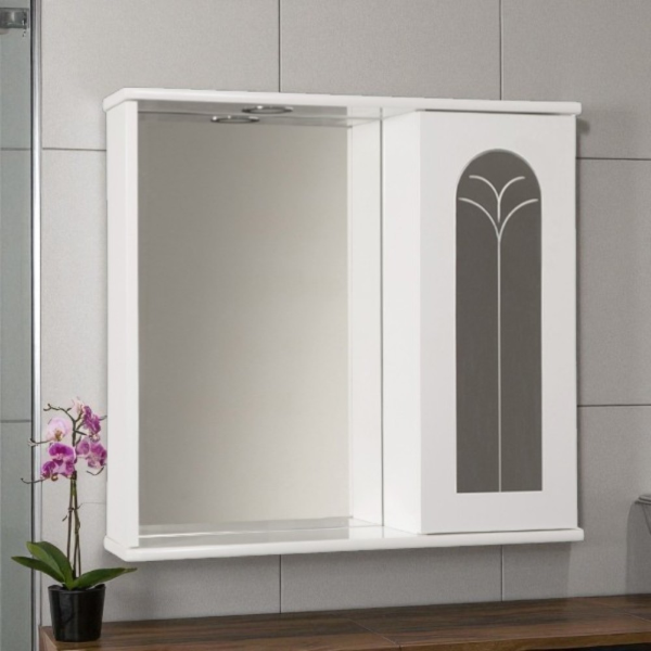 Specchiera contenitore 69 cm con anta palme e luce Led  Bianco Lucido