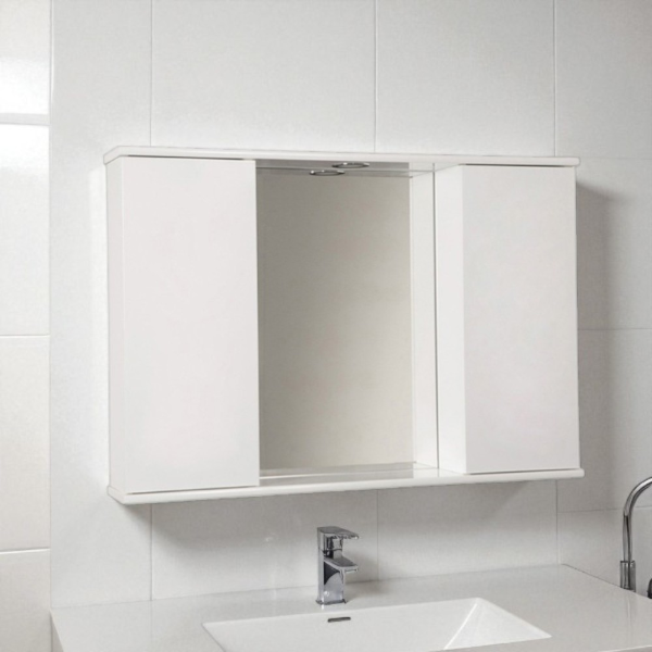 Bathroom mirror Glossy White 92 cm with 2 smooth doors with LED light