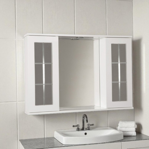 Specchiera bagno Bianco Lucido 92 cm a 2 ante inglesina con luce LED 