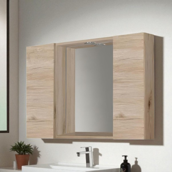 2-door wooden bathroom mirror 81 cm with LED spotlight in Nature Oak