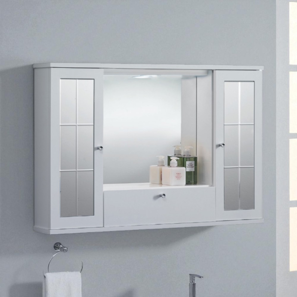 MERCURIO 90 glossy white mirror cabinet with 2 doors with mirrors and LED light