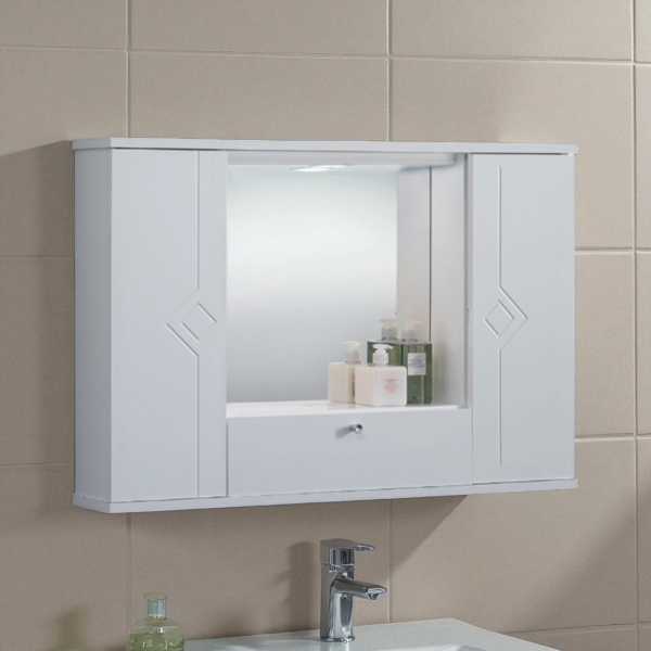 Specchiera mobile contenitore da bagno MERCURIO 90 bianco lucido a 2 ante e luce LED