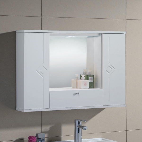 Specchiera mobile contenitore da bagno MERCURIO 80 bianco lucido a 2 ante e luce LED