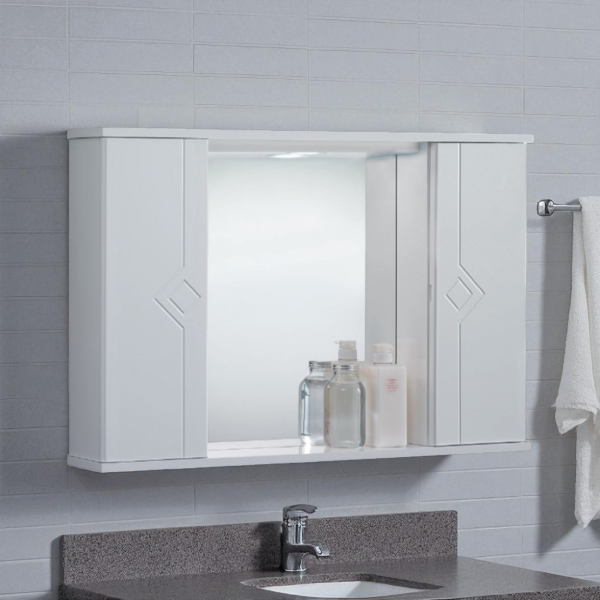 PLUTONE glossy white 2-door bathroom mirror with LED light