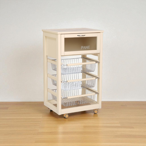 Wooden Bread Cart with Fruit Baskets LANDHELL Ivory