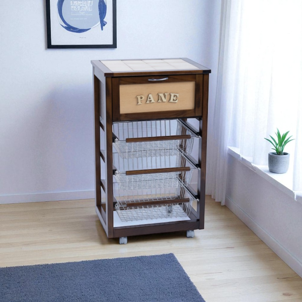 Wooden Bread Cart with Fruit Baskets LANDHELL Walnut