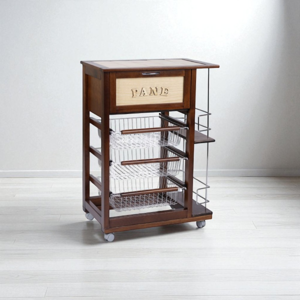 Bread trolley with bottle holder and fruit baskets Walnut