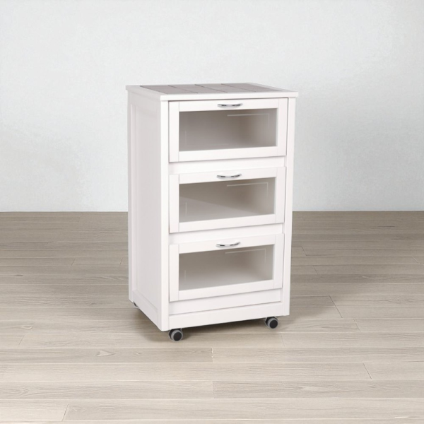 White Cabinet Trolley with Glass Drop-Down Doors LANDHELL
