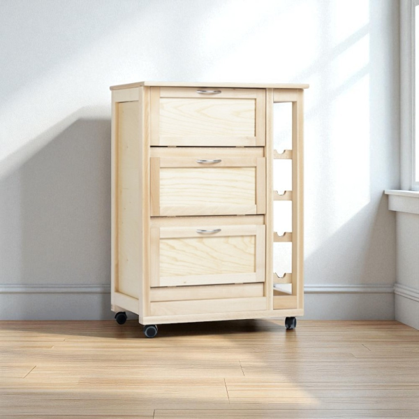 Cart with flap doors and bottle holder, natural wooden