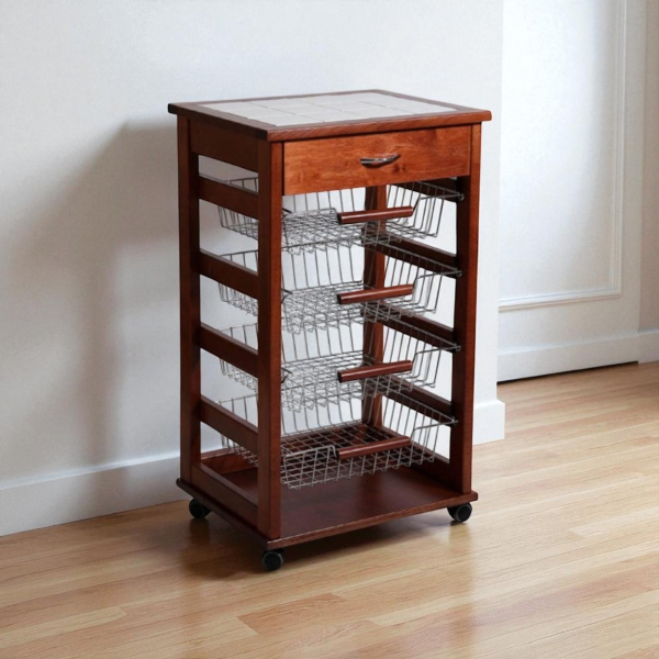 Kitchen Fruit Holder cart with Storage Drawer,WALNUT