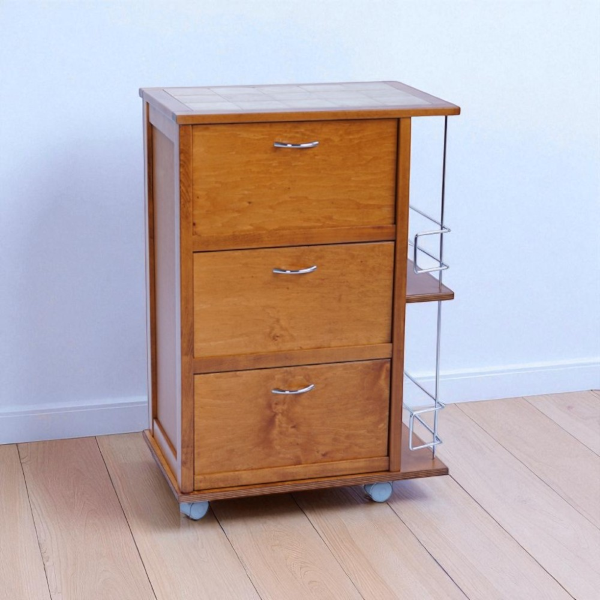 Kitchen trolley with drop-down doors and bottle holder Oak