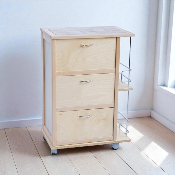 Kitchen trolley with drop-down doors and bottle holder Natural