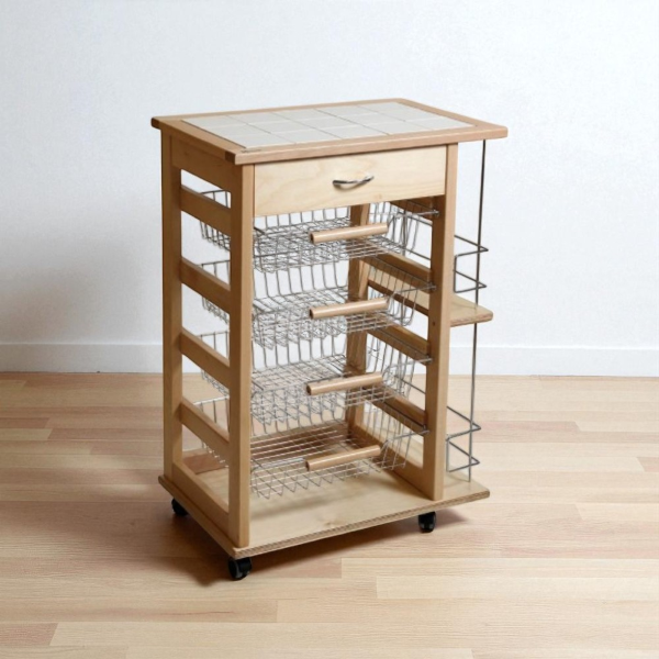 Fruit cart with drawer and bottle holder,natural