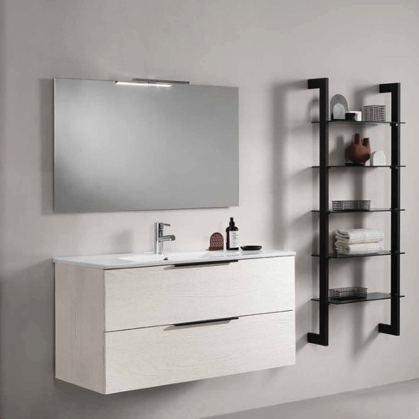 100cm wall-hung bathroom cabinet with mirror and LED lamp - Bali Nordic White