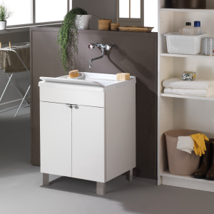 60x60 cm white wooden sink cabinet with 2 doors and resin tub