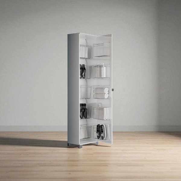 Columna individual con zapatero en blanco brillo con puerta con espejo 42xh190 cm