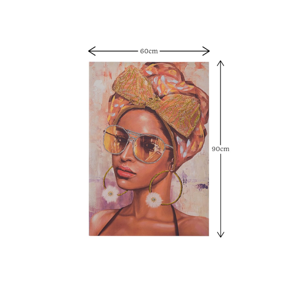 Modernes vertikales Gemälde auf Leinwand 60x90 cm Porträt einer Frau mit Stoffdekorationen