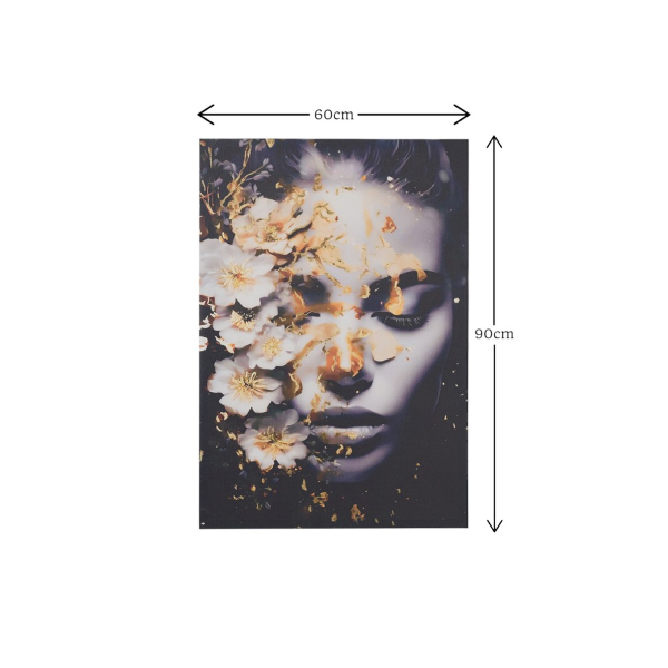 Peinture verticale moderne sur toile 60x90 cm avec portrait de femme aux fleurs