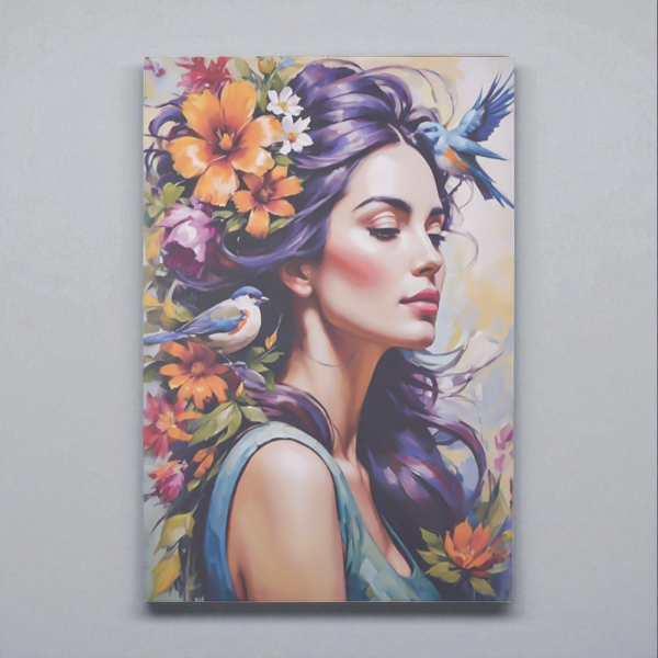 Quadro moderno verticale su tela 60x90 cm ritratto donna e natura