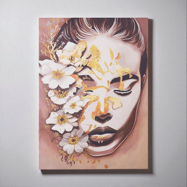 Quadro 60x90 cm moderno su tela verticale tema donna e fiori 