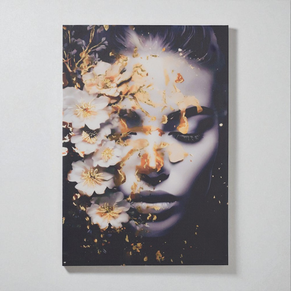 Peinture verticale moderne sur toile 60x90 cm avec portrait de femme aux fleurs