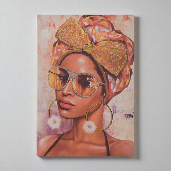 Modernes vertikales Gemälde auf Leinwand 60x90 cm Porträt einer Frau mit Stoffdekorationen