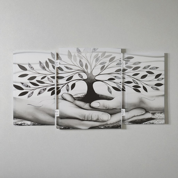 Quadro TRIS moderno su tela 65x146 cm telaio in legno tema Albero Della Vita