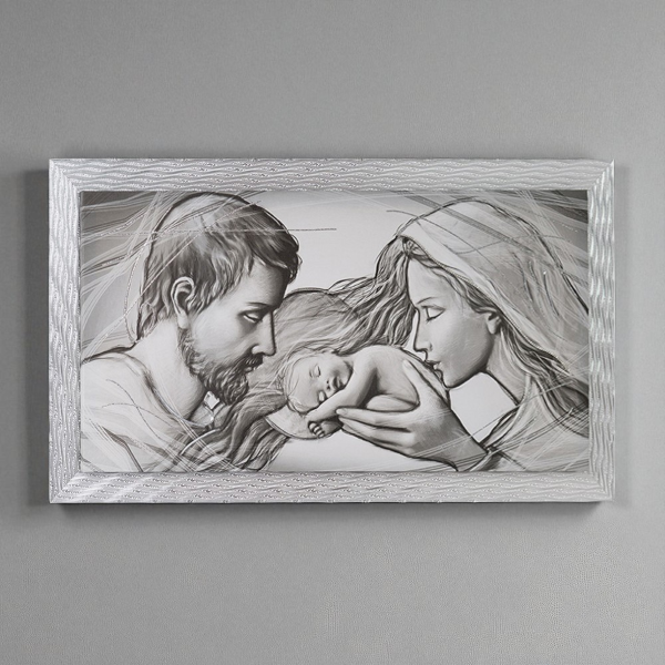 Quadro su tela moderno 72X132 cm tema Sacra Famiglia con cornice in legno decorata
