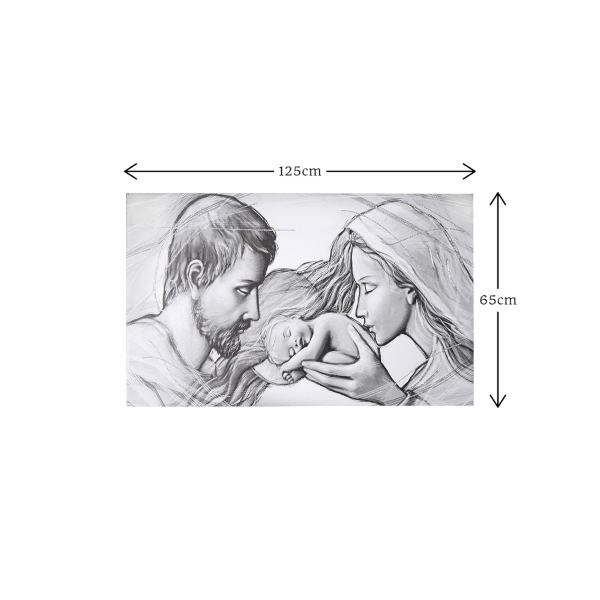 Quadro moderno in tela 65x125 cm tema Sacra Famiglia con dettagli in argento
