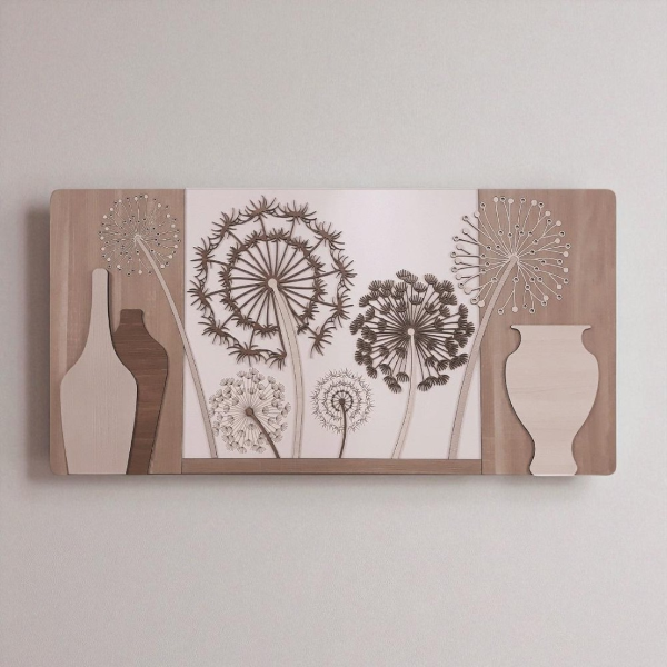 Quadro moderno 59x119 cm legni sovrapposti figura dente di leone