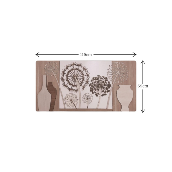 Quadro moderno 59x119 cm legni sovrapposti figura dente di leone