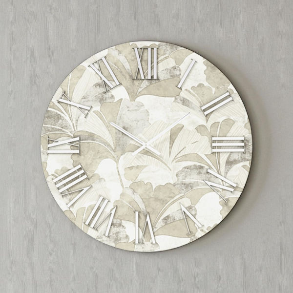 Orologio rotondo D60 cm in legno rivestito con parato e dettagli Argento JOSE