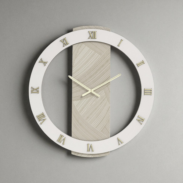 Orologio SCOTT rotondo D60 cm in legno rivestito con parato e dettagli Oro