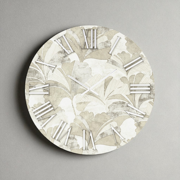 Orologio rotondo D40 cm in legno rivestito con parato e dettagli Argento JOSE